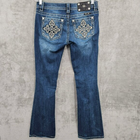 Miss Me Signature Boot Jeans 28 Blue Embroidered Rhinestone Crosses Bling Denim - Picture 12 of 13
